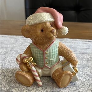 Lenox vintage Holiday “Teddy Clause” Figurine with Pink Hat and Green Vest